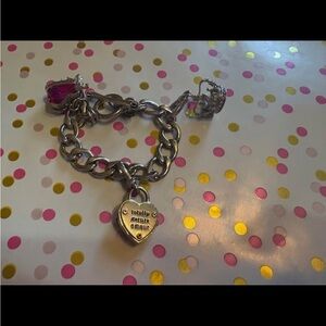 Silver Chain Heart Charm Bracelet with Pink Gem Accent